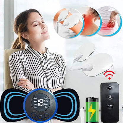 Woman using a massage device with insets showing neck and shoulder pain relief.