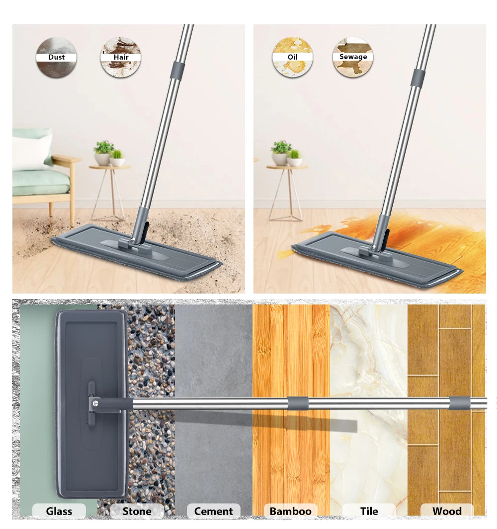 Hands Free Flat Floor Mop And Bucket Set With Washable Microfiber Pads