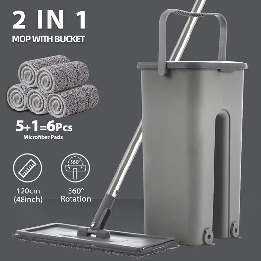 Hands Free Flat Floor Mop And Bucket Set With Washable Microfiber Pads