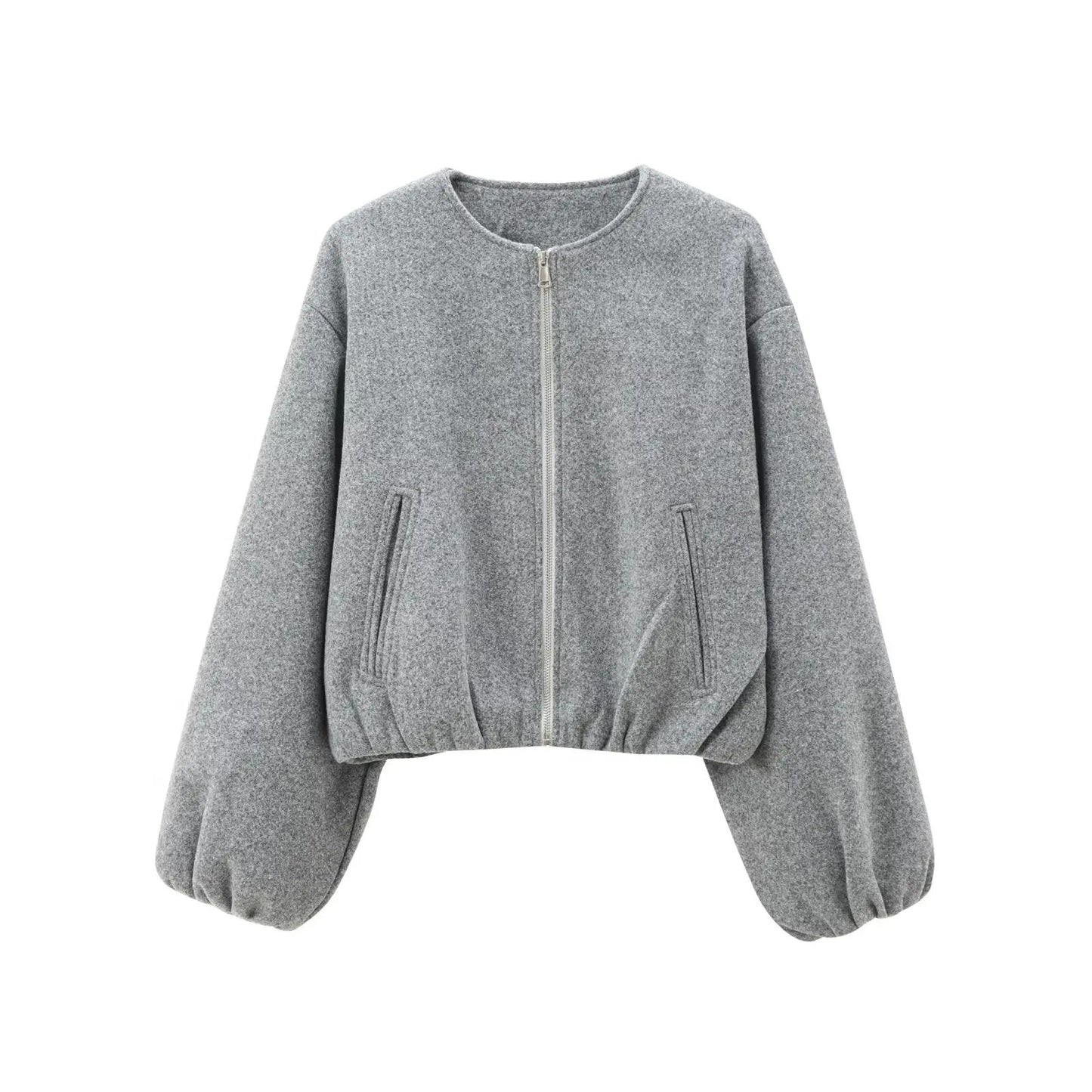 Ladies Fashion Autumn Winter Jacket Women Retro Round Neck Long Sleeve Elastic Hem Zipper Soft Bomber Jacket Women Coat Female