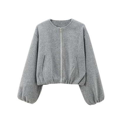 Ladies Fashion Autumn Winter Jacket Women Retro Round Neck Long Sleeve Elastic Hem Zipper Soft Bomber Jacket Women Coat Female